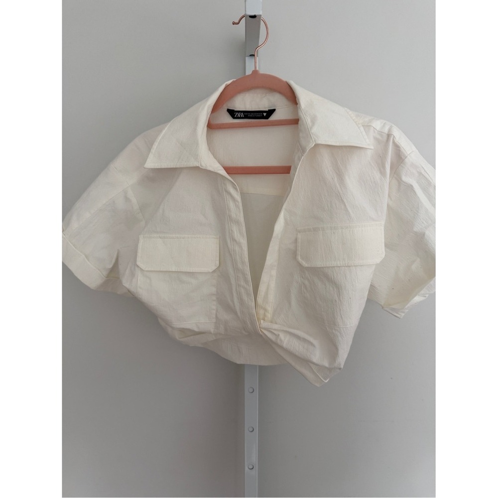 Zara Cream Collared Short Sleeve Crop Top Textured Button Front Utility XS